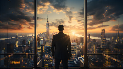 Standing tall against panoramic view, businessman is seen from behind, his attention fixed on vibrant cityscape below. cinematic daylight fills room., AI Generated, Generative AI