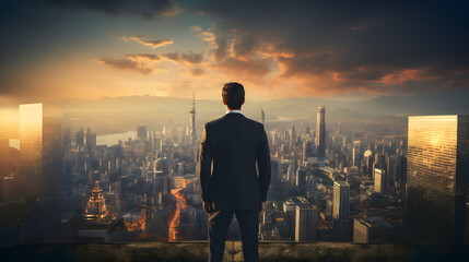 Standing tall against panoramic view, businessman is seen from behind, his attention fixed on vibrant cityscape below. cinematic daylight fills room., AI Generated, Generative AI