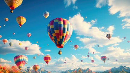 Colorful hot air balloon festival, dozens of balloons floating gracefully in the sky against a backdrop of a soft blue sky, creating a sense of joy.
