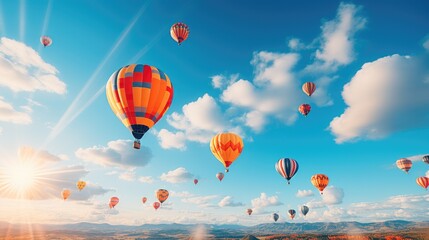 Fototapeta premium Colorful hot air balloon festival, dozens of balloons floating gracefully in the sky against a backdrop of a soft blue sky, creating a sense of joy.