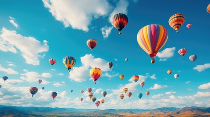 Colorful hot air balloon festival, dozens of balloons floating gracefully in the sky against a backdrop of a soft blue sky, creating a sense of joy.