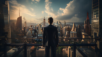 Standing tall against panoramic view, businessman is seen from behind, his attention fixed on vibrant cityscape below. cinematic daylight fills room., AI Generated, Generative AI