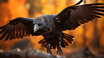 Fototapeta premium Common raven, Flying in autumn nature background, Dark feathered animal in flight in fall, corvus corax.