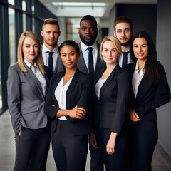 Fototapeta premium multiracial team of successful business people working together in office and posing and looking at camera, generative AI