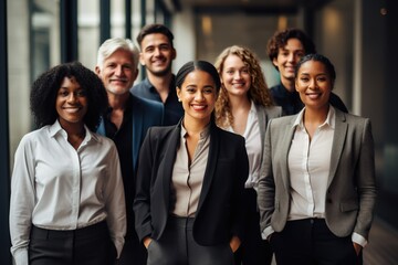 Obraz premium multiracial team of successful business people working together in office and posing and looking at camera, generative AI