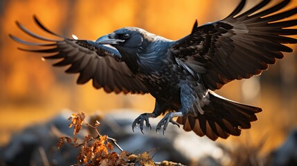Naklejka premium Common raven, Flying in autumn nature background, Dark feathered animal in flight in fall, corvus corax.