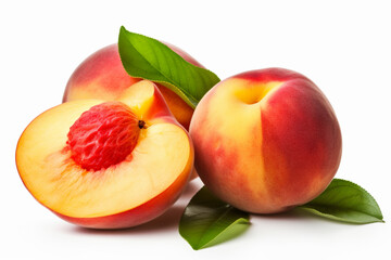 Fototapeta na wymiar Ripe peaches with leaves isolated on white background. Clipping path
