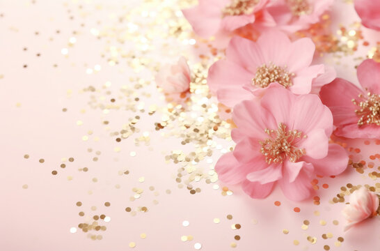 pink flowers with golden confetti background