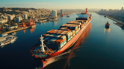 Fototapeta na wymiar Container cargo ship leaving port. International logistics and transportation import and export.