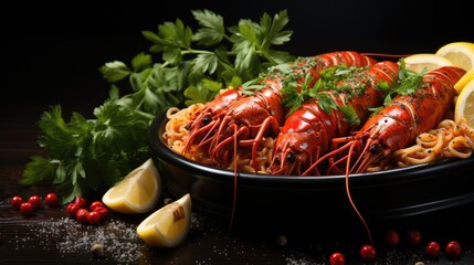 Gourmet holidays food, Cooked red lobster and pasta on dark background, Banner with copy space.