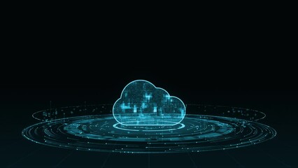 Motion graphic of Blue digital cloud computing logo with particle ring circle rotation with ai technology icon on futuristic abstract background storage big data backup concepts