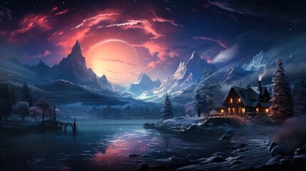 Fantastic winter landscape in snowy mountains and northern light in night sky. Christmas holiday and winter vacations concept.