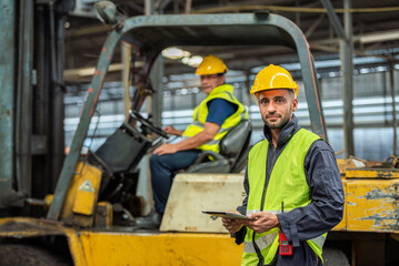Portrait of forklift truck driver man smiling in old factory warehouse lifting pallet in storage...