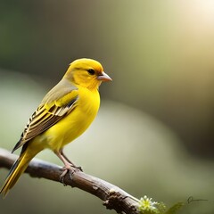 a delightful canary bird perched on a delicate branch. Its feathers are a brilliant shade of yellow, exuding a sunny and cheerful vibe