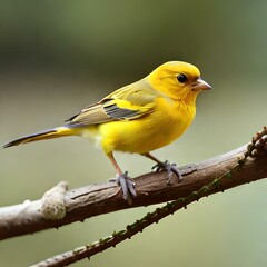 a delightful canary bird perched on a delicate branch. Its feathers are a brilliant shade of yellow, exuding a sunny and cheerful vibe