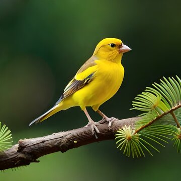 a delightful canary bird perched on a delicate branch. Its feathers are a brilliant shade of yellow, exuding a sunny and cheerful vibe