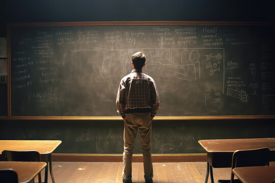 the teacher thinks how to solve a math problem at school against the background of a black board, AI