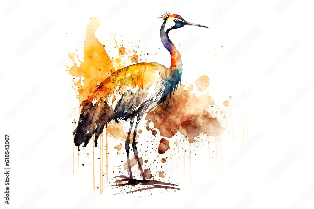 Poster crane painted with multi-colored watercolors isolated on a white background. generated by ai