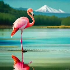 Magnificent flamingo standing tall on one leg in the shallow water .