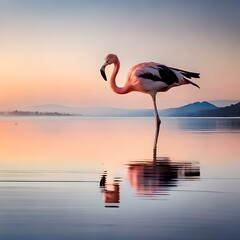 Flamingo in the sunset , standing tall on one leg in the shallow water .