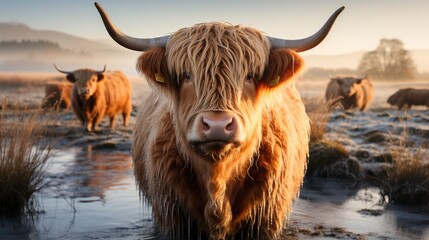 Highland cattle on a frosty in frost on a winters morning. - obrazy, fototapety, plakaty
