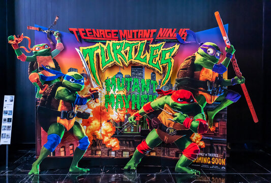 Bangkok, Thailand - June 27, 2023: A beautiful standee of a movie Teenage Mutant Ninja Turtles Mutant Mayhem Display at the cinema to promote the movie