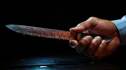 Male hand holding knife on black background, Sharp knife for cutting food.