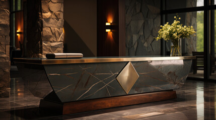 Stylish reception desk with modern hotel lobby.