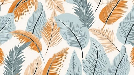 Fototapeta na wymiar Pattern with hand drawn tropical leaves and palm trees, in the style of organic forms, muted tones, juxtaposition of hard and soft lines, playful shapes, light amber and aquamarine, generative AI
