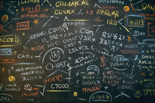Blackboard with the inscription of scientific formulas and calculations in physics and mathematics. AI