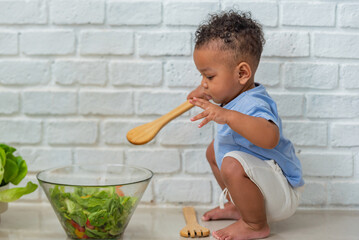 Baby african afro black son kid with daddy father happy family funny for carry him play cooking....