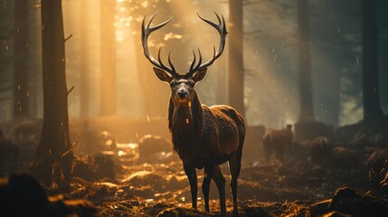 Red deer stag in the morning autumn mist at a forest.