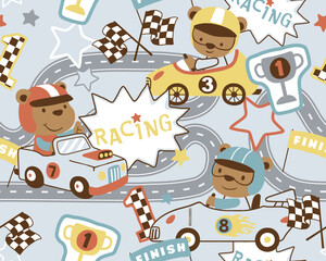 Fototapeta premium Seamless pattern vector of car racing with funny bear cartoon, car racing elements