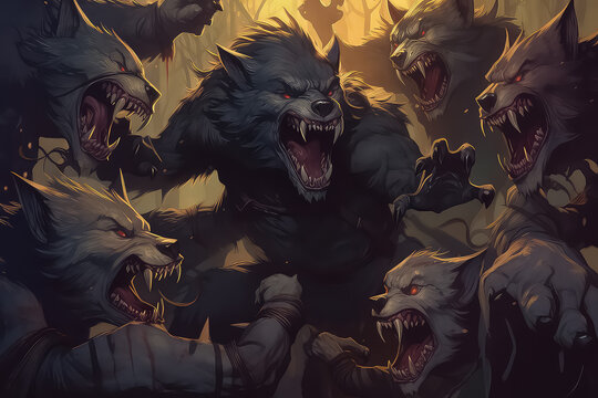 werewolf battle by moonlight cartoon style