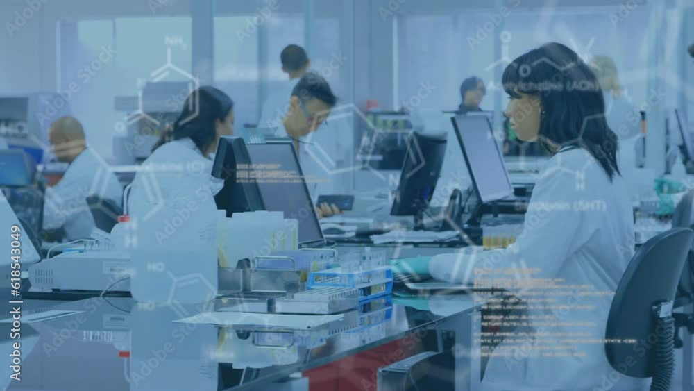 Aufkleber animation of scientific data processing over diverse scientists in laboratory