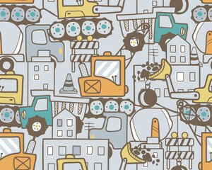 Seamless pattern vector of construction vehicles cartoon with buildings and road sign