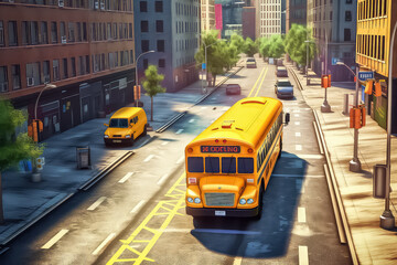 Fototapeta na wymiar Illustration of school kids riding yellow schoolbus transportation education.