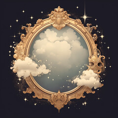 a cloud around an ornate golden frame with stars, in the style of curved mirrors, Generative Ai - obrazy, fototapety, plakaty