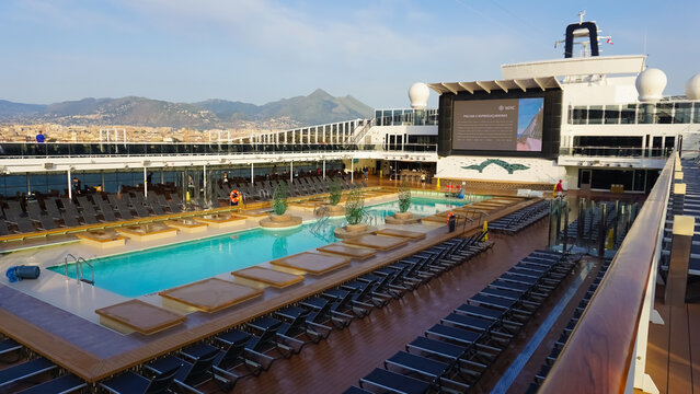 Barcelona, Spain - May 25, 2023: The simming pool area on the cruise ship MSC Grandiosa