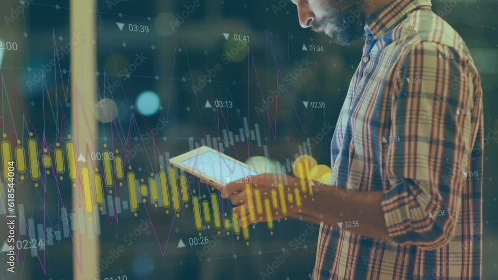 Poster animation of financial data processing over caucasian businessman using tablet in office