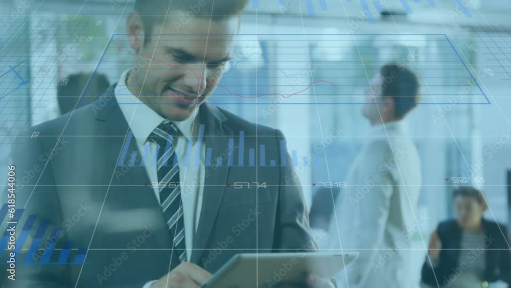 Poster animation of financial data processing over caucasian businessman using tablet in office