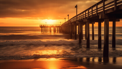 Fototapeta premium Sunset over tranquil water, nature beauty shines generated by AI