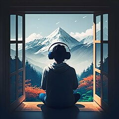 Lofi style image sitting person from back having headphones looking out of the room window on japanese mountain Fiji calming and relaxing atmosphere and colors 4k 