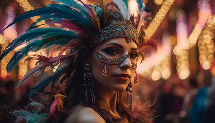 Young woman smiling in colorful carnival costume generated by AI