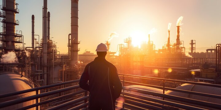Rear view of a worker at the top of an oil refinery, looking out over the complex network of pipes and tanks , concept of Industrial landscape, created with Generative AI technology