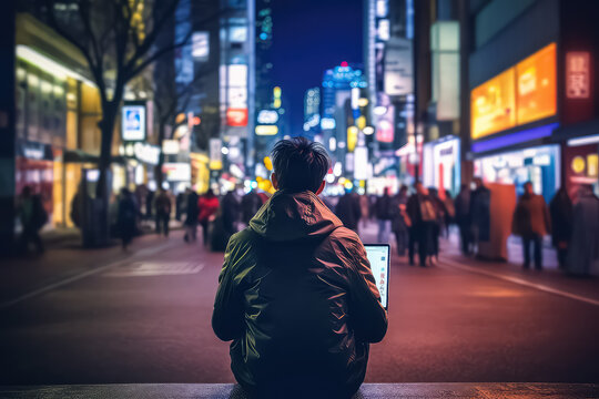 Young asian man working outdoors in japan with laptop, AI