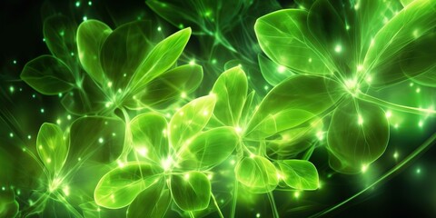 Abstract representation of photosynthesis with bright green chloroplasts colorful light rays, concept of Biological processes, created with Generative AI technology - obrazy, fototapety, plakaty