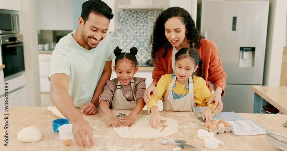 Poster Instructions, dough and a family baking in the kitchen together with parents teaching their girl children about food. Cookie, shape or bonding with kids learning how to cook from a mother and father