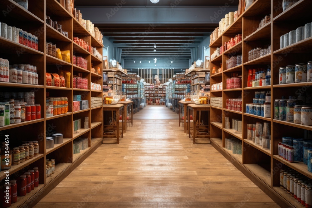 Poster an empty store aisle with wood shelf shelves generative ai