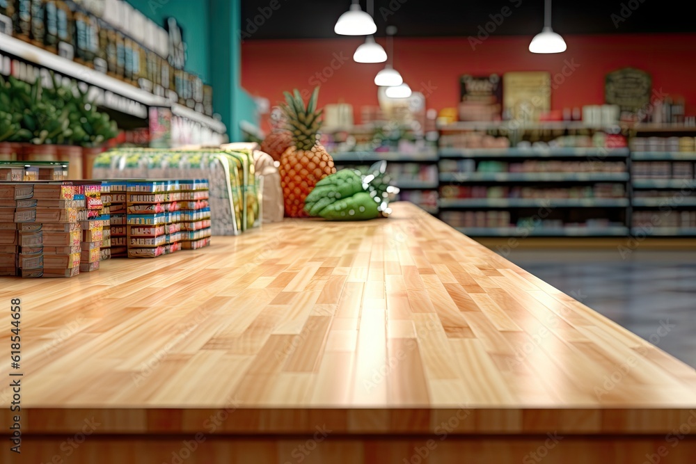 Poster wood table countertop in a supermarket in blur background generative ai